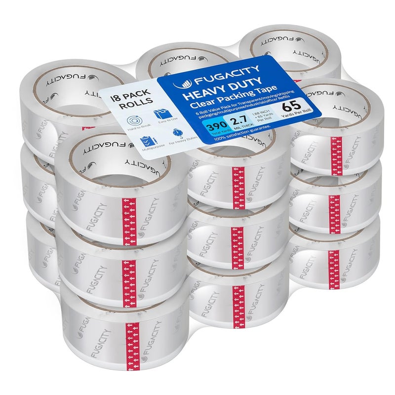 FugaCity Heavy Duty Clear Packing Tape Refills (18 Rolls), Packaging Tape for Moving Sealing, Moving Supplies Shipping Tape,2.7 Mil Thick, 2 in Wide,65 Yards Per Roll,Total 1170 Yards - Image 1